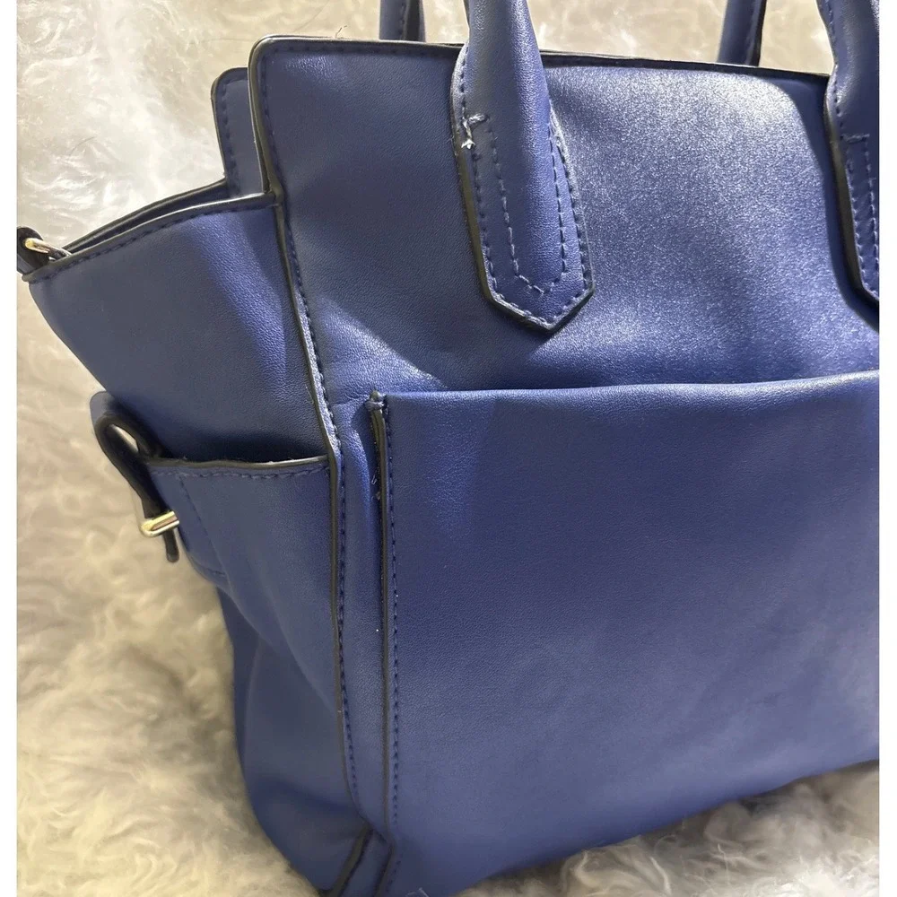 Reed Krakoff Blue‎ Faux Leather Satchel Handbag Silver Hardware Top Zip Tote